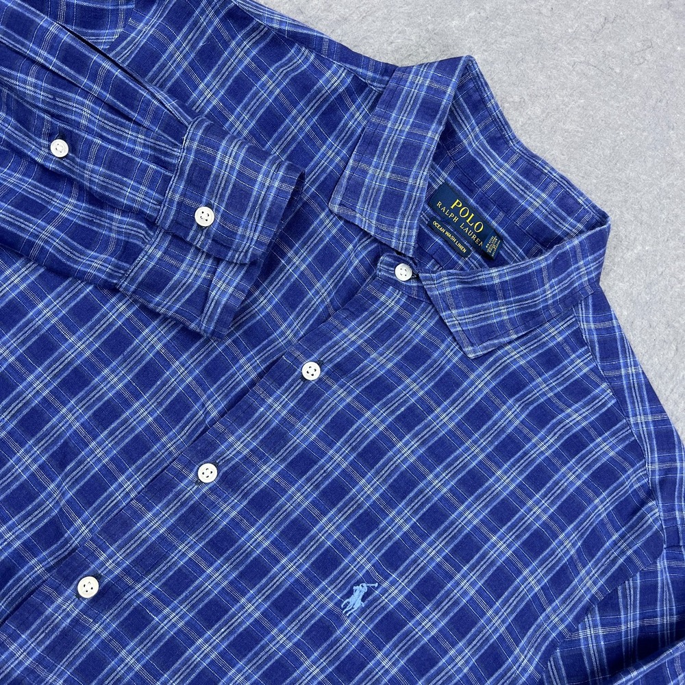 Ralph‎ Lauren Shirt Men's XL Blue Plaid Ocean Wash Linen Long Sleeve Button Up
